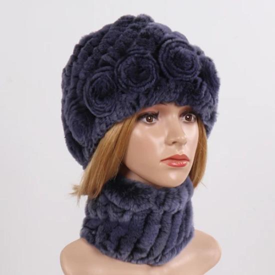 New Good Elastic Lady Winter Rex Rabbit Fur Hats Scarves Knitted Women Natural Fur Caps Scarves Sets 2 Pieces Hats Mufflers
