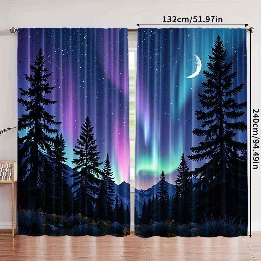 2 Panels Aurora Curtains Northern Lights Forest Printed Drapes Polyester Window Treatment for Living Room Bedroom Home Decor