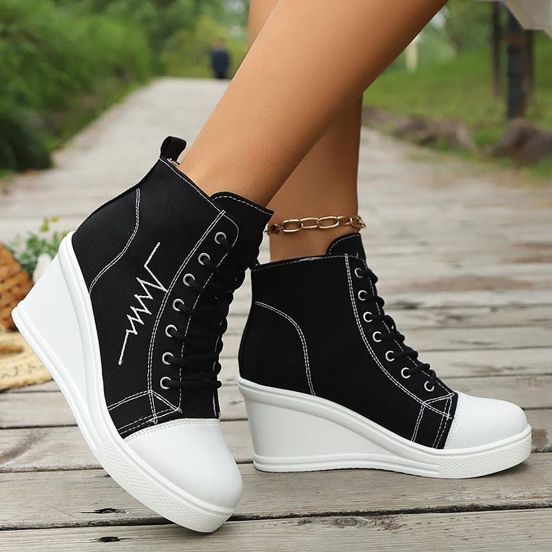 Fashion High Top Wedge Heel Sneakers for Women Fashion Mix Color Lace Up Canvas Shoes Woman Lightweight College Students Casual Sneakers