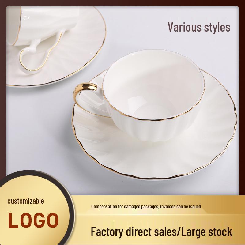 Nordic Style Bone China Coffee Set - Gold Trimmed Butterfly Design Cups (White).