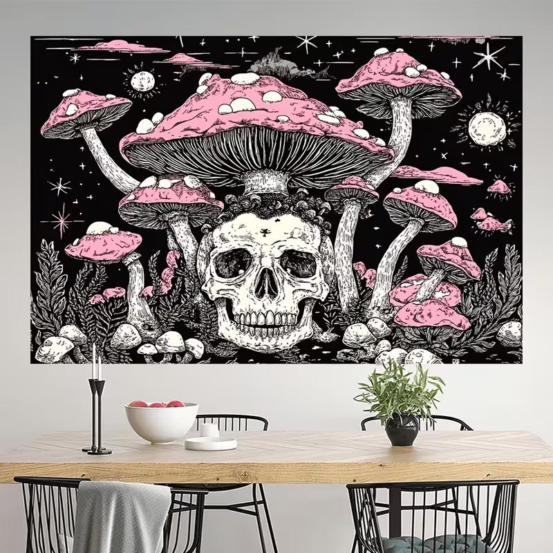 2D Gothic Skull & Pink Mushroom Tapestry Dark Aesthetic Room Background
