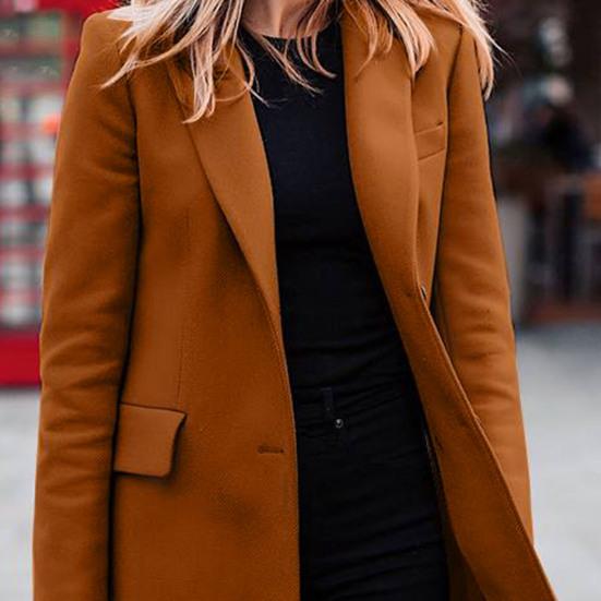 Women Jacket Solid Color Turn-down Collar Single-breasted Long Autumn Blazer for Work