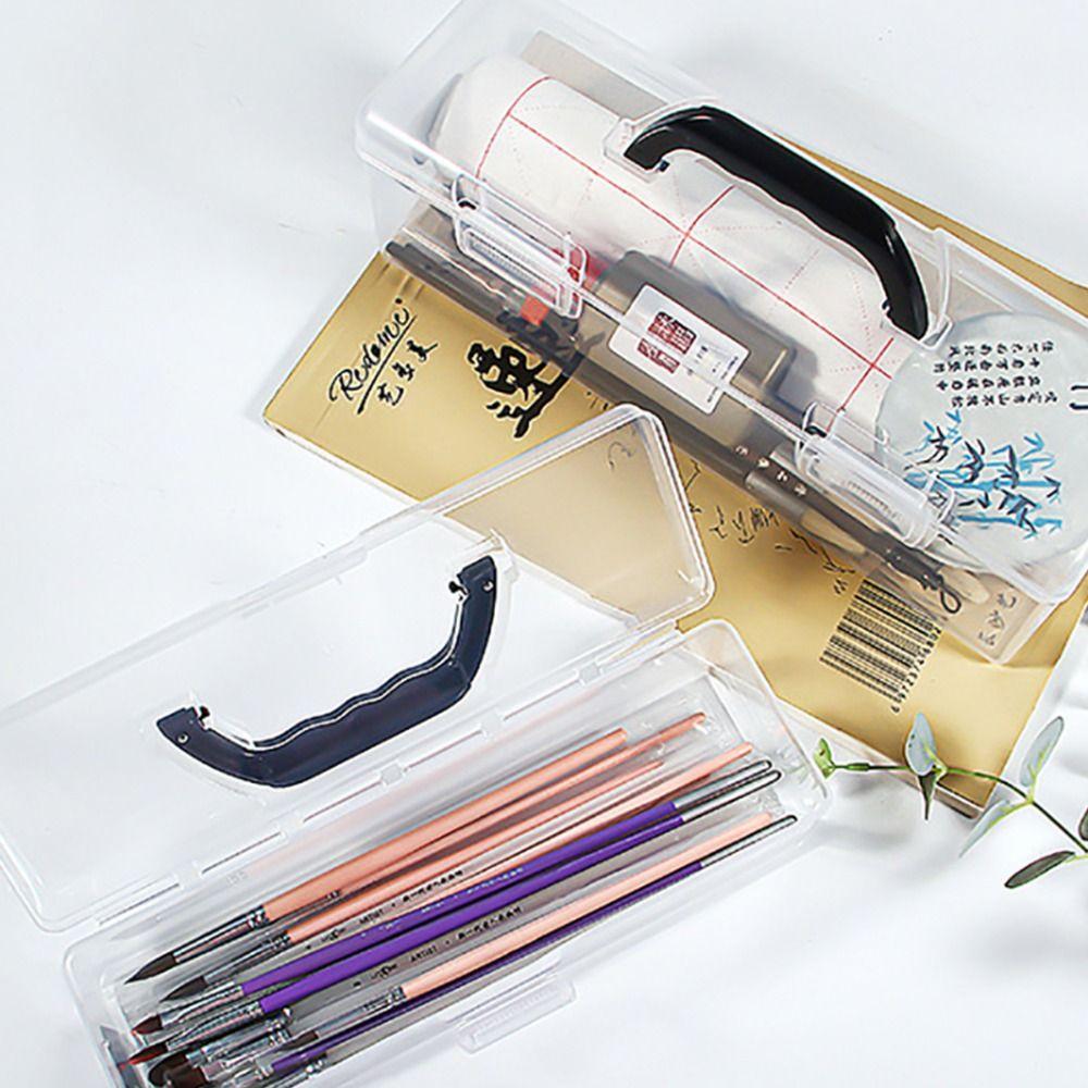 Plastic Clear Storage Box Clear with Handle Painting Brush Case Desktop Organizer Marker Pen Storage Holder Stationery Storage