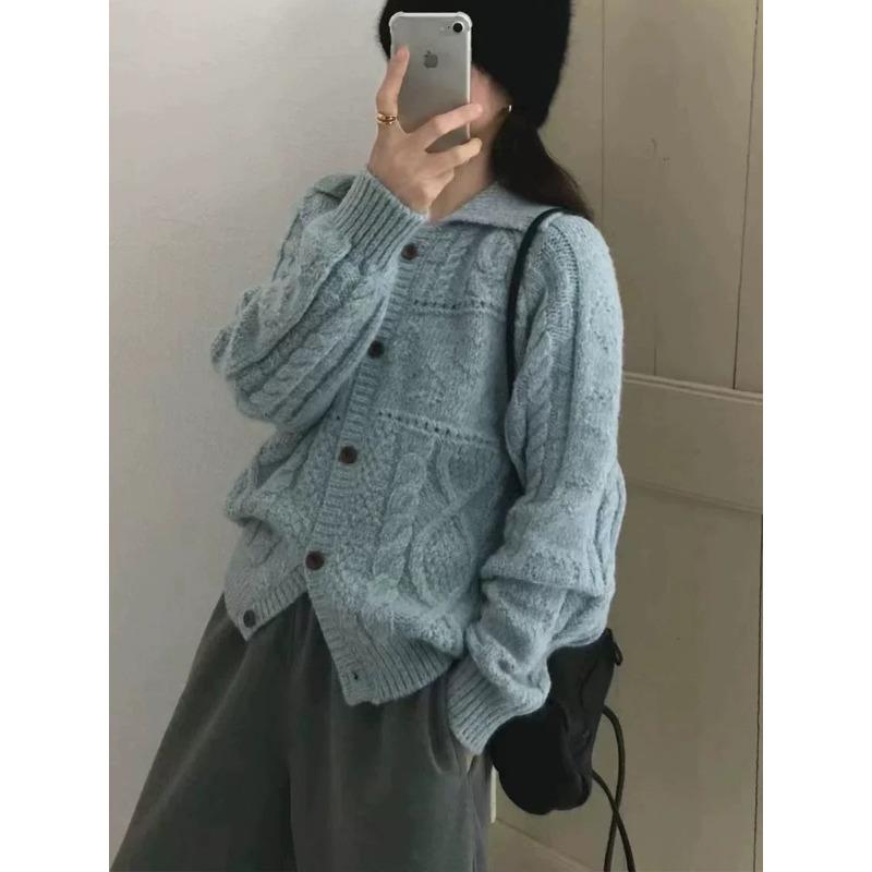 Retro Twist Lapel Knitted Cardigan Autumn and Winter New Loose Long-sleeved Sweater Jacket Women