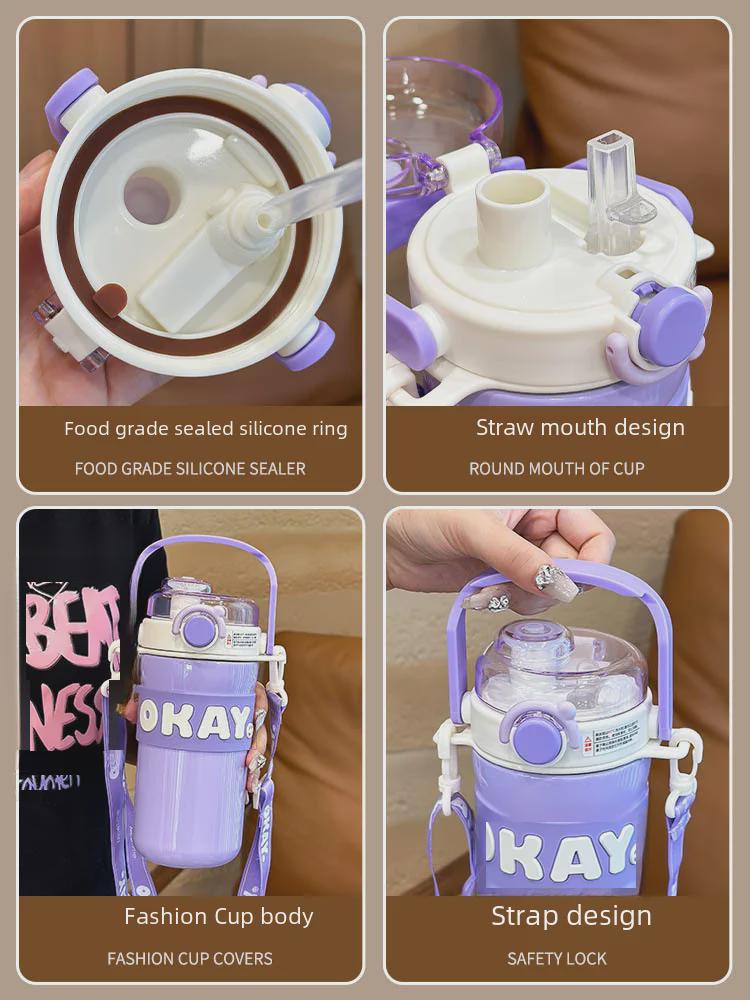 Girls' Stylish 316 Stainless Steel Thermos Cup with Straw & Crossbody Strap, Dual-Opening, 2023 Model