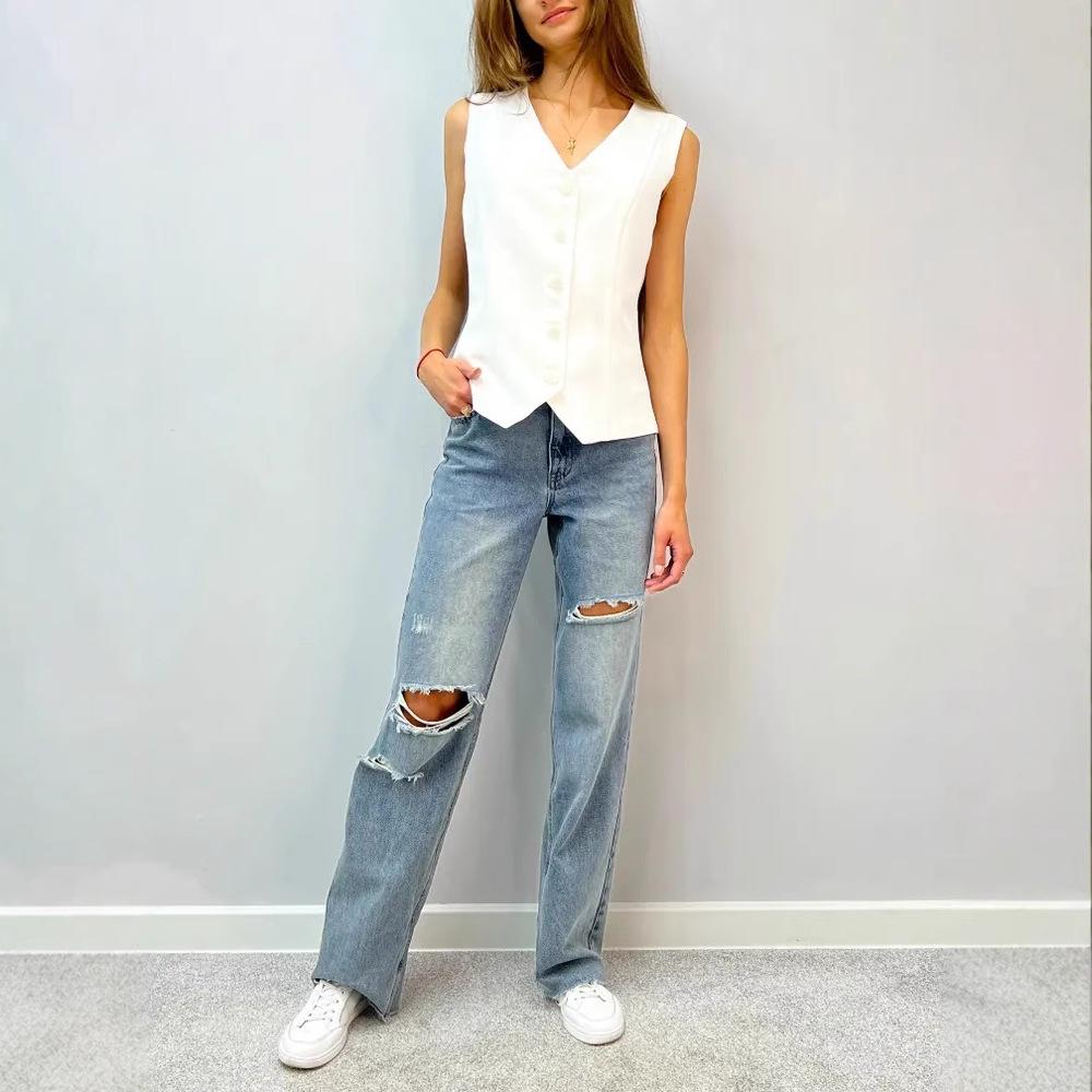 2025 Women's Sleeveless V-neck Cardigan Vest - European & American Summer Fashion
