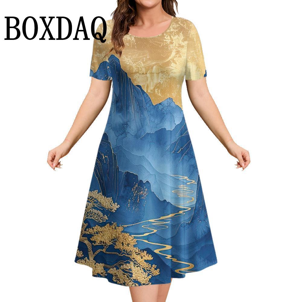 Marble Landscape 3D Printed Women's Clothing Summer Short Sleeve Elegant Party Dresses O-Neck Casual Painting Loose A-Line Dress