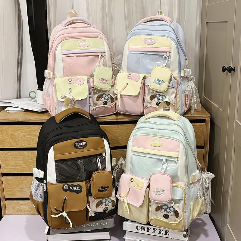 Blocked Color Sweet Letter Patter Student Backpack With Transparent Compartment