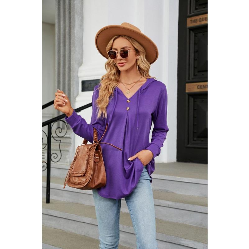 Frühling und Herbst Damen Bluse Einfarbig V-Ausschnitt Knopf Kapuze Lose Langarm Sweatshirt