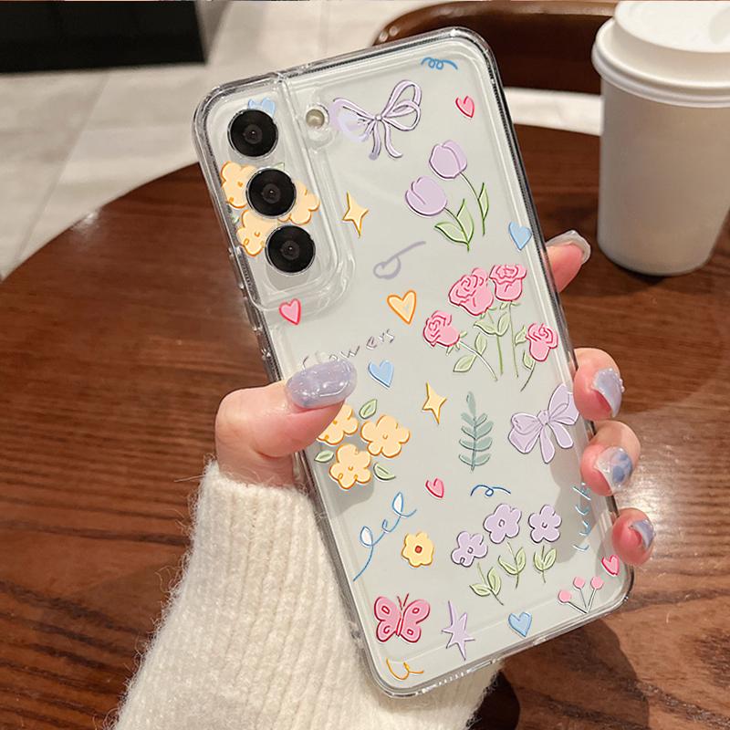 Flower Pattern Phone Case For Samsung Galaxy S26 S25 S24 S23 Ultra S22 Plus S24 S21 FE S25Edge Transparent Shockproof Soft Cover