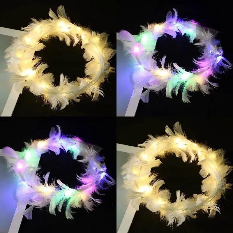 LED Adjustable Wreath for Children Adults Luminous Angel Goose Feather Wreath Feather Flash Headdress Holiday Wedding Gif