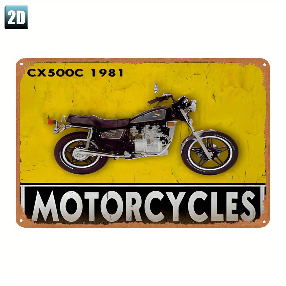 

Vintage 1981 CX500C Motorcycle Metal Tin Sign Retro Yellow Background with Black Motorcycle Image MOTORCYCLES Text Perf 20x30cm