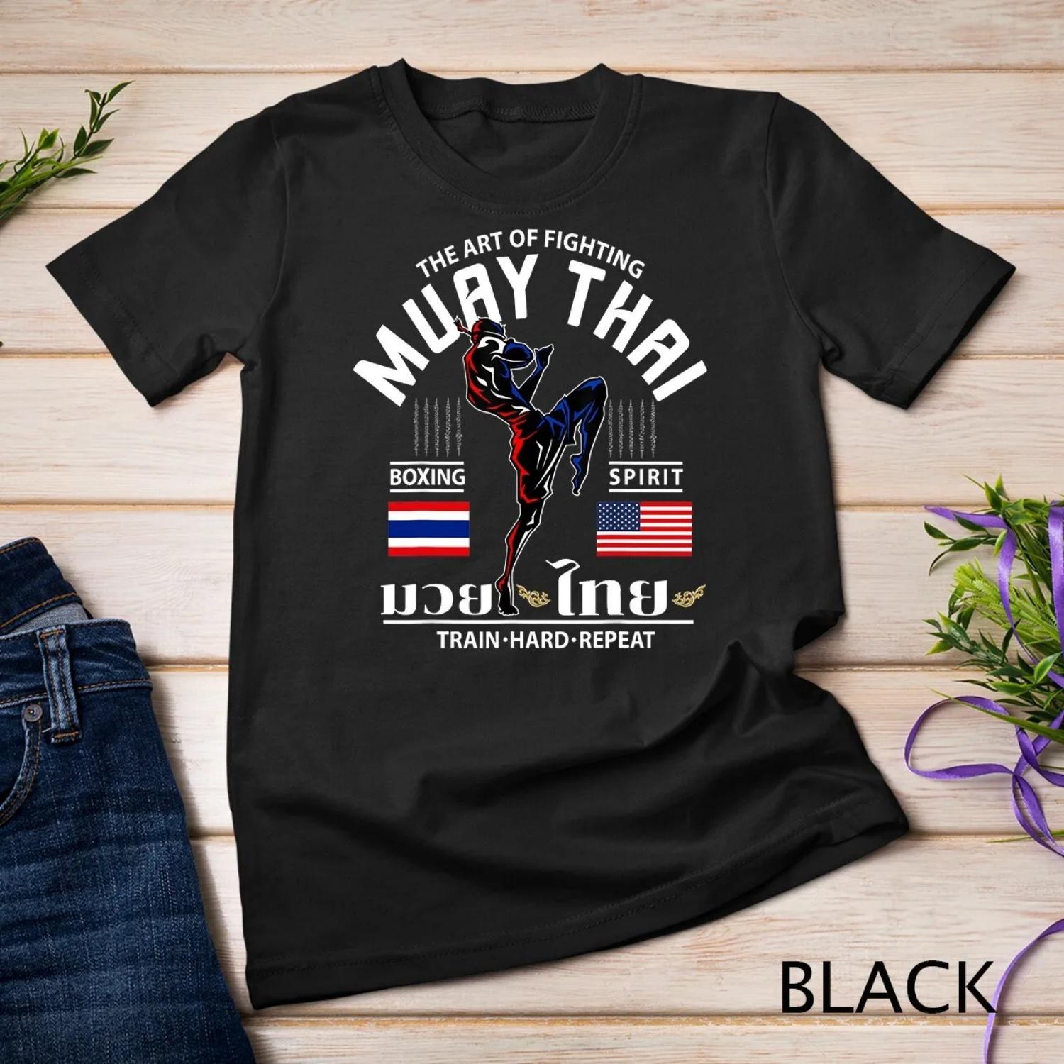 Thailand American Flag Muay Thai Boxing Train Hard Repeat T Shirt S чёрный