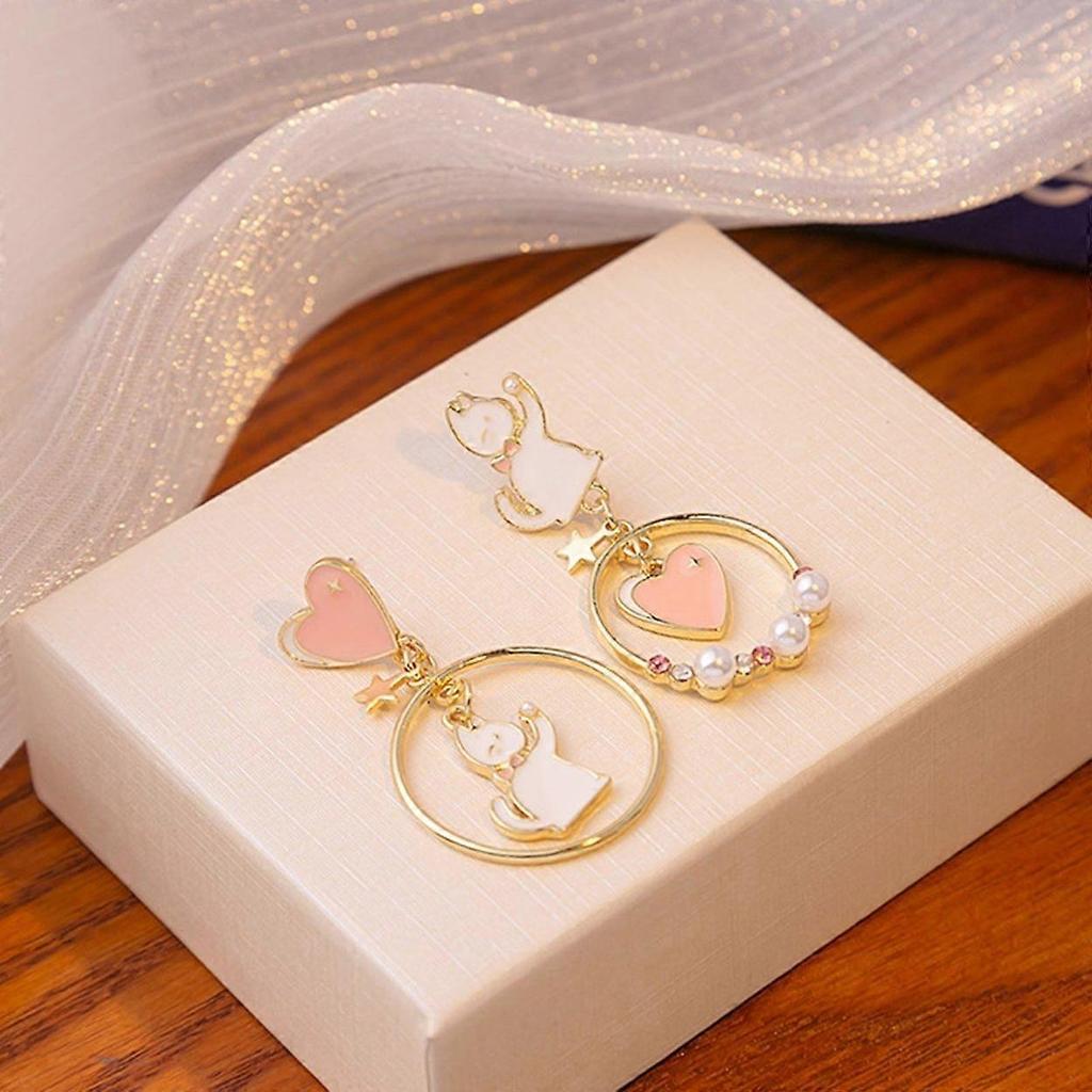 1 Pair Stud Earrings Japan Korea Style Hollow Ring Rhinestone Faux Pearl Gift Fun Cartoon Cat Love Heart Girls Drop