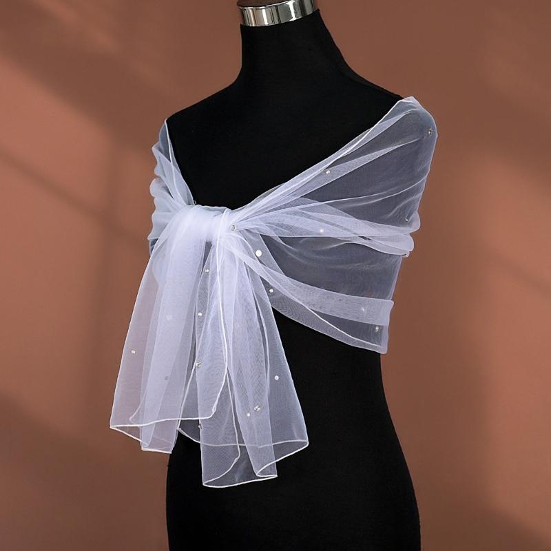Seethrough Sheer Bridal Veils with Rhinestones Decors for Outdoor and Indoor Event Bride Shawl Wrap for Wedding Dresses