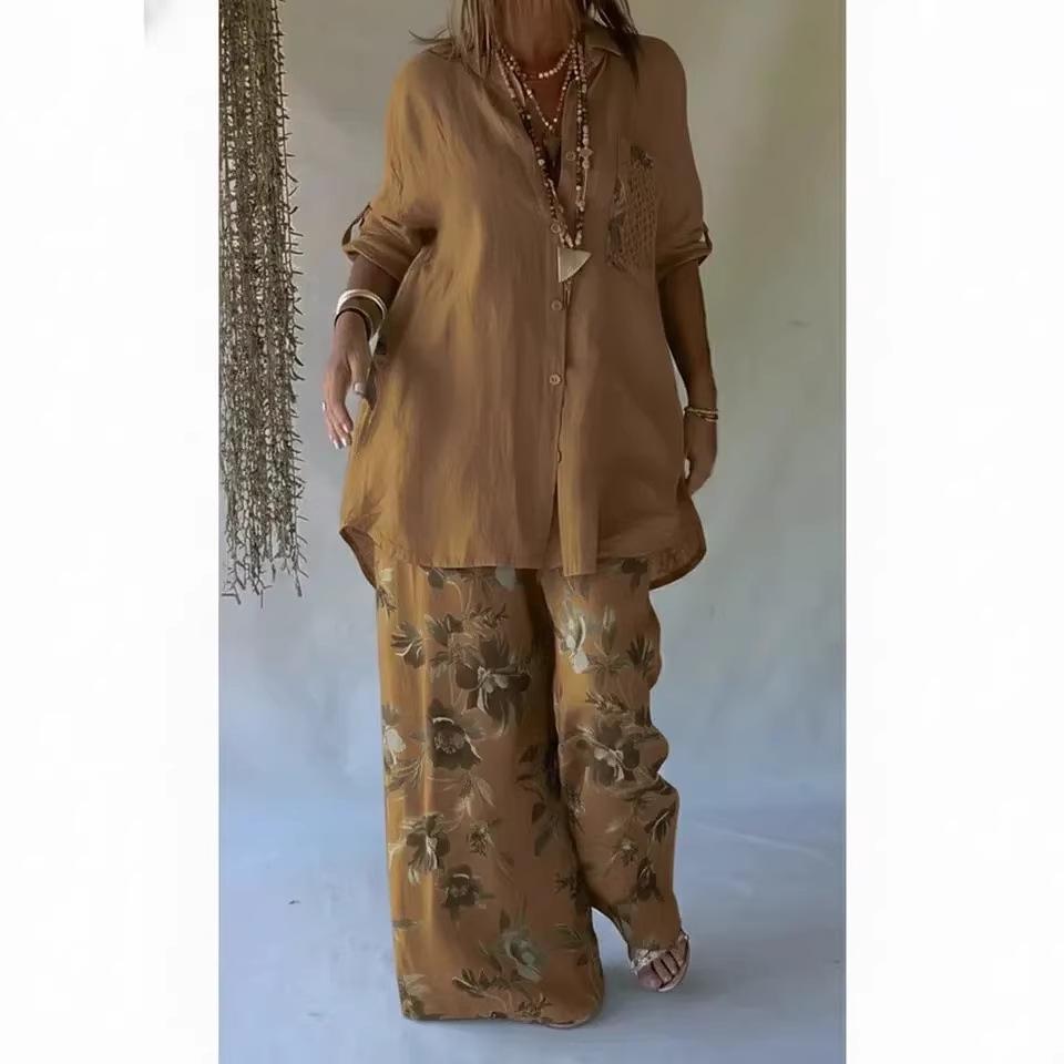 Spring Women's Floral Print Mid-Length Sleeve Top & Long Pants Set 2026
