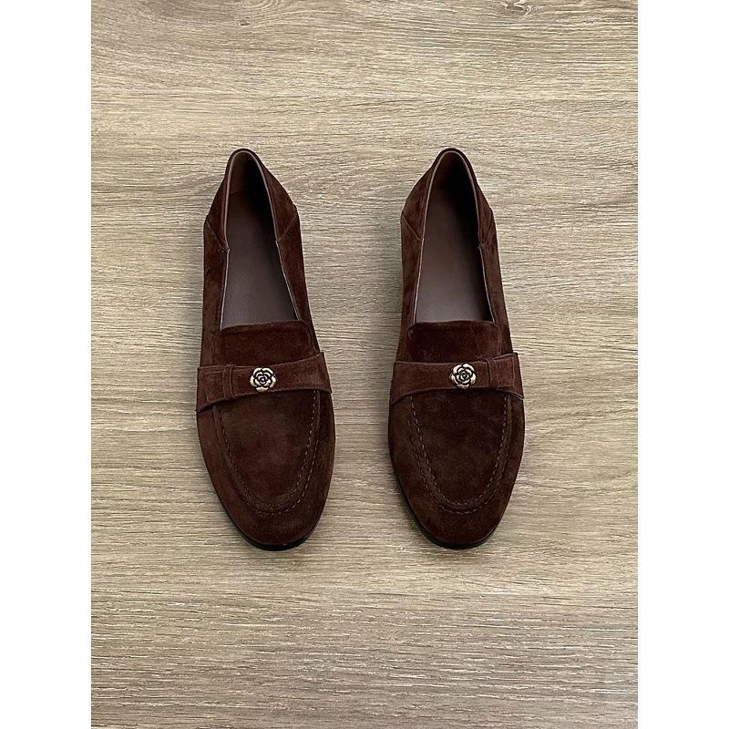 Sheepskin Version~ Small Leather Shoes, Genuine Leather Camellia Women's Round Head, One Pedal, Matte Medium Thick Heel Single Shoes