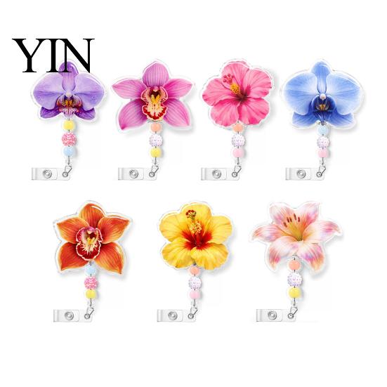 Decorative ID Badge Reel for Nurses Cute Flower Reels, Retractable Nurse Clip with Beaded Secure Backpacks Charm, Floral Name Card Holder Teacher