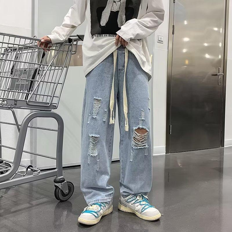 JYL Мужские Джинсы Рваные Летние Тонкие Модные Широкие Повседневные Прямые Укороченные Деним XXL