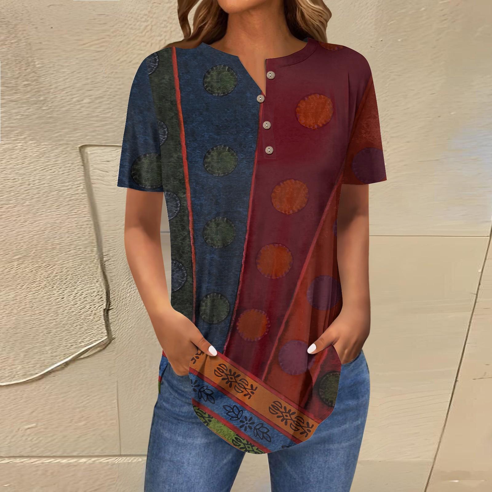 

Women s Fashion Loose Button Collar Print Short Sleeve T-Shirt Tops Pullover XXXL червоний