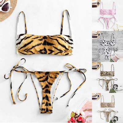 Women Leopard  Print High Waist Two Pieces Bikini Swimwear Swimsuit Beachwear