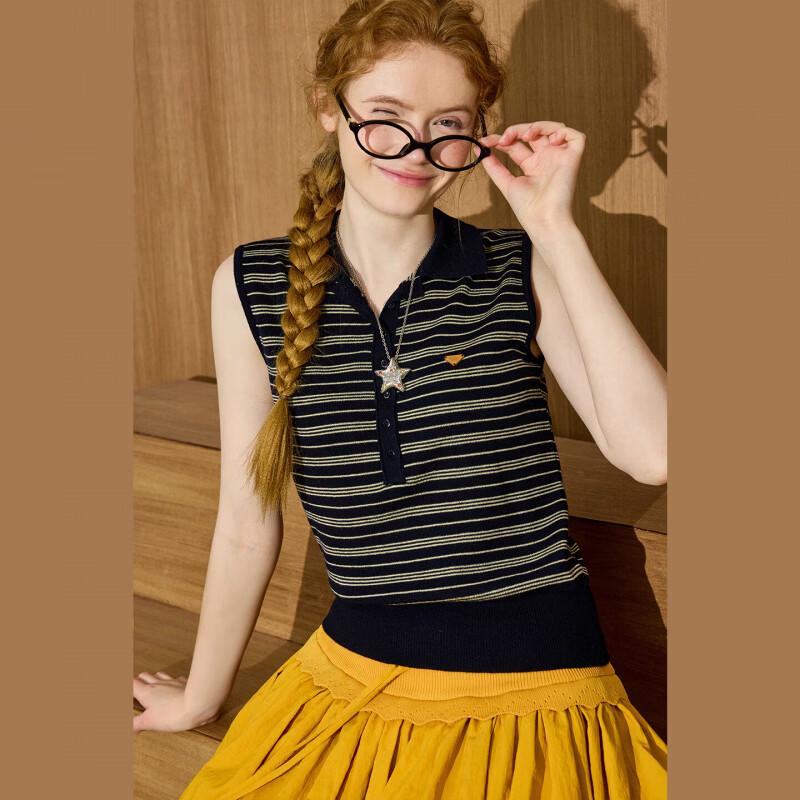 Women's Striped Sleeveless Knitted Polo Top