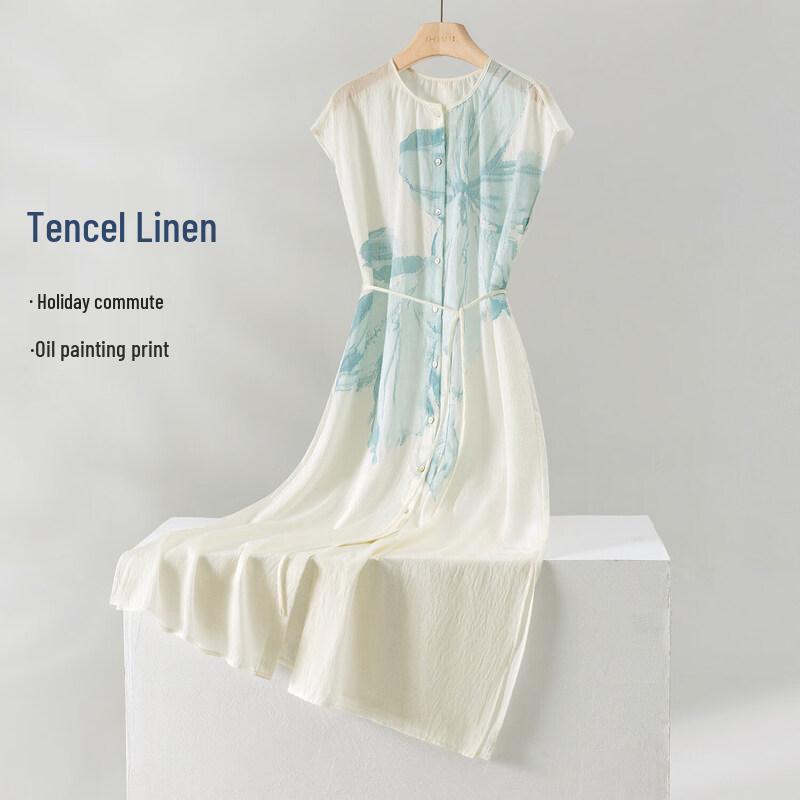 IHIMI Women s Elegant Oil Painting Print Linen Lyocell Dress Set M