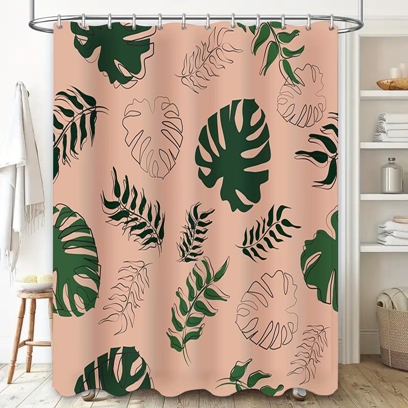 Modern Floral Shower Curtain Decor Green Leaves Pink Background Waterproof Bath Accessories Set For Home Decoration In Bathroo
