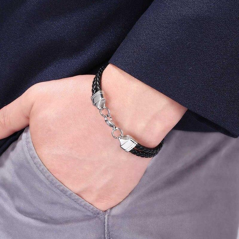 Braided Wrap Leather Bracelets For Men Fashion Genuine Double Black Braided Leather Chain Charm Wristbands BB1091