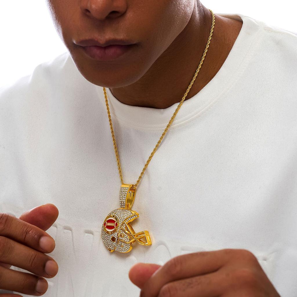 New hip-hop full diamond trend bouncing football helmet pendant with 5mm twist chain necklace
