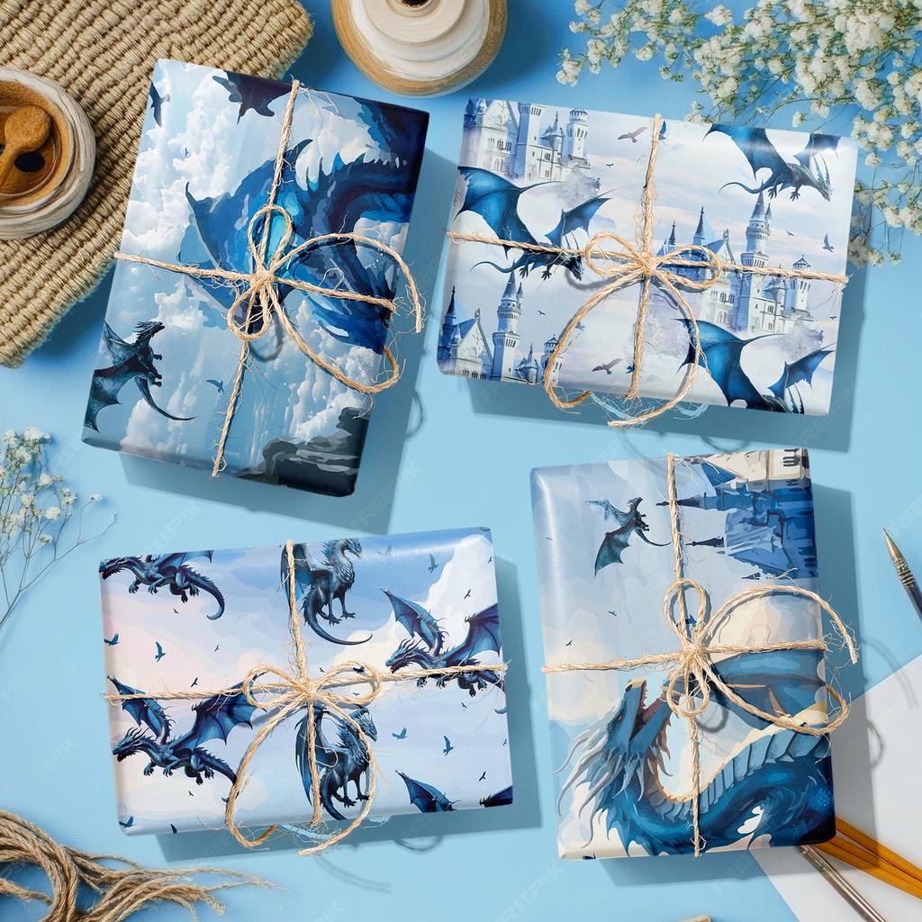 Kids Gift Wrap Clear Blue Dragon Paper Gift Wrap Sheets Tear-Resistant Party Decor Paper For Magical Party Birthday Holiday
