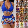 2023 Leaf Print Drawstring Gathered Boyshort Bikini Set