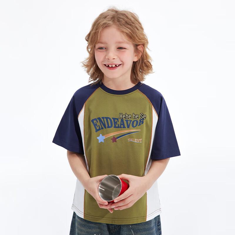 Zhimu Boys  Green Retro Color-block Short Sleeve T-shirt 160