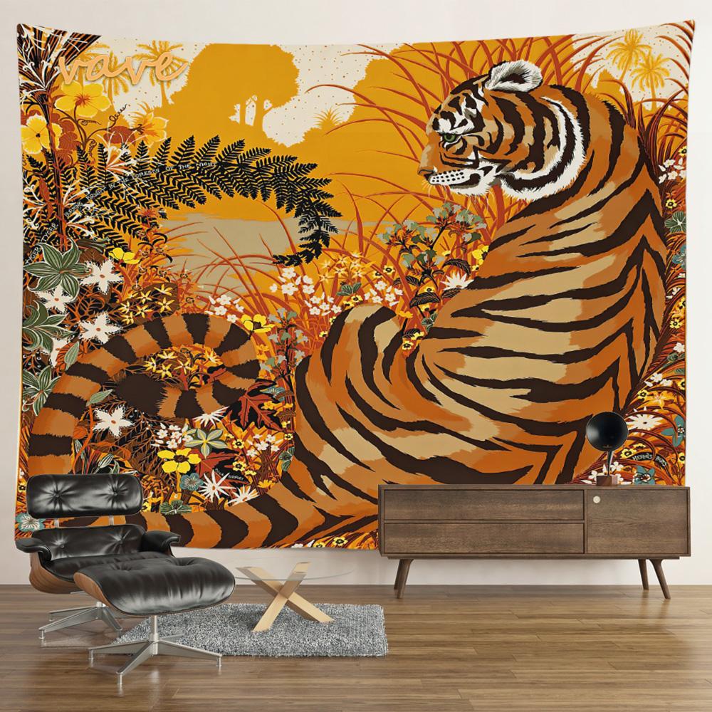 Hippie Psychedelischer Tiger Wandteppich, Wandbehang, Boho Zimmerdeko, Ästhetisch, Mysteriöse Blume, Dschungel Mondlandschaft, Wald
