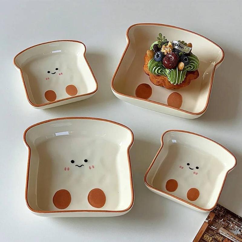 1 Cute Toast-Shaped Ceramic Plate Korean Ins Cartoon Tableware For Home Afternoon Tea Dessert Cake Snack Plate