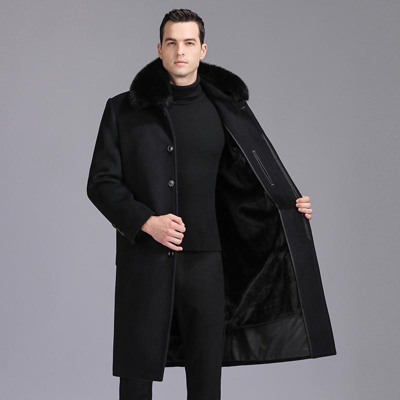 Men`s Detachable Woolen Over-the-Knee Coat with