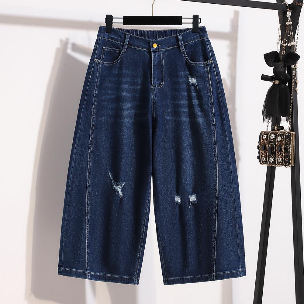 DIMANAF 2026 Summer New Plus Size Women Casual Ripped Wide Leg Denim Capris Jeans Long Pants Cotton Blue
