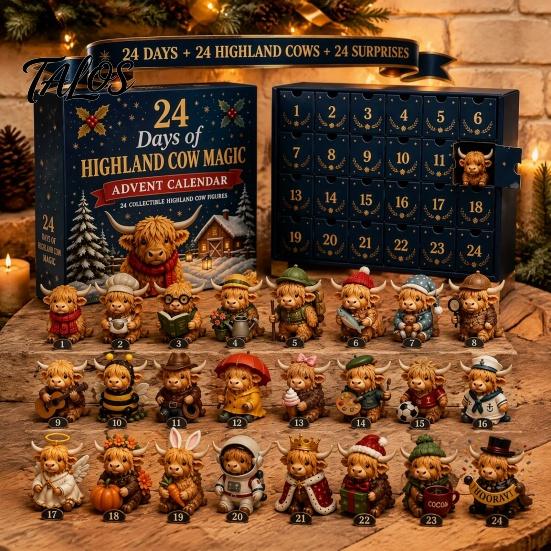 Miniature Animal Hanging Pendants 24 Days of Highland Cow Magic Advent Calendar, Unique Mini Tiered Tray Christmas Decor Figures, Farmhouse