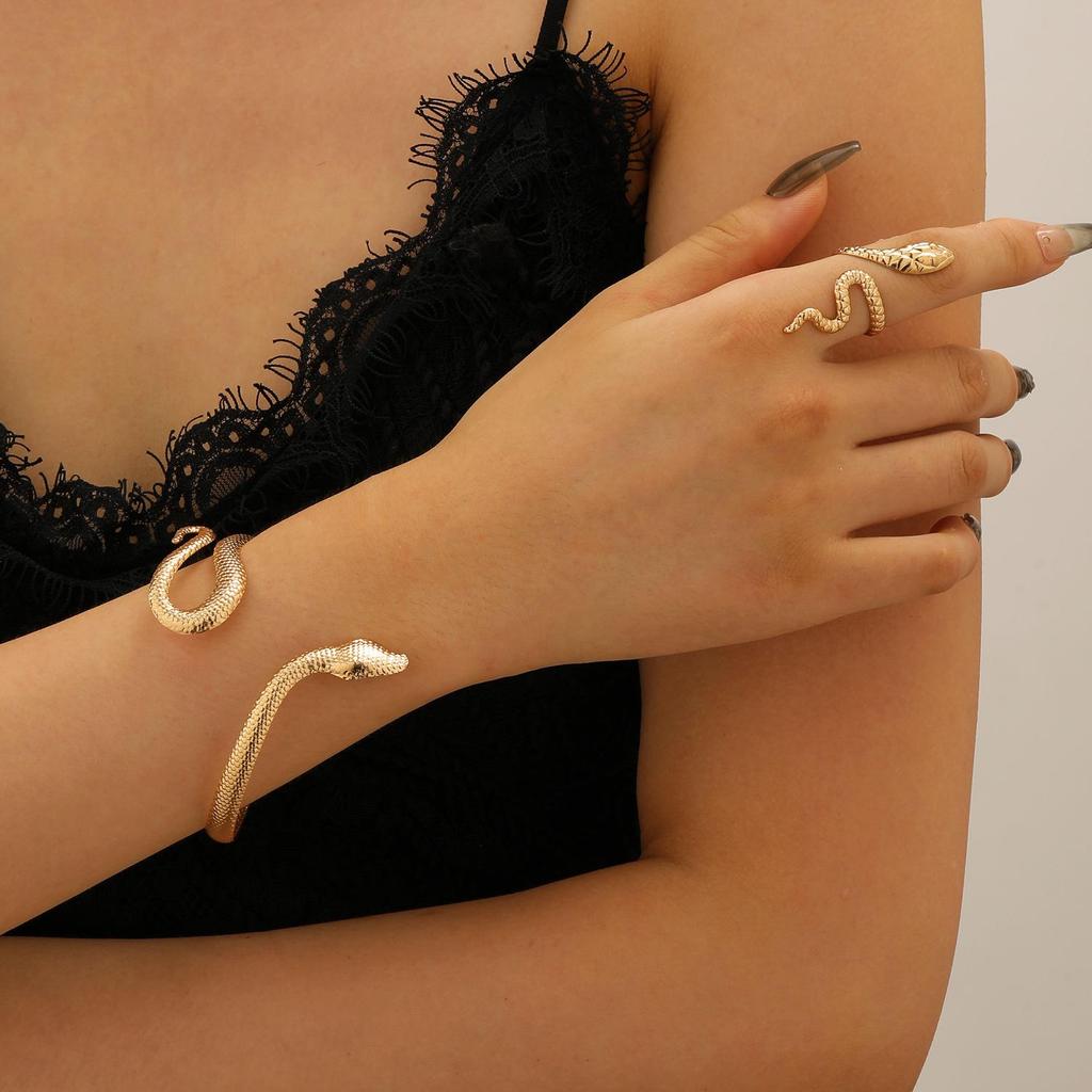 Bold Leopard Print Geometric Bangle & Ring Set - Adjustable Hand Jewelry for Women