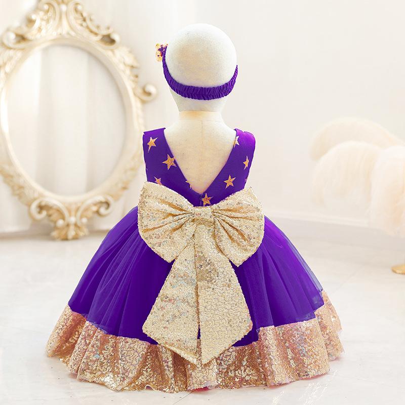 12M-6 Years Kids Girl Toddler Baby Sleeveless Stars Sequins Bow Knot Skirt Princess Dresses Summer Spring Autumn Children Tutu Christmas Ball Gown