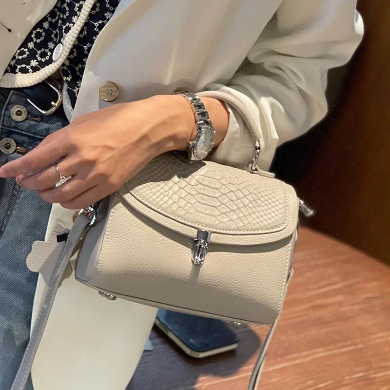 Female Cowhide Versatile Handbag Women Cow Real Leather Crossbody Bag Ladies Retro Fashi Temperament Square Shoulder Bag Purse