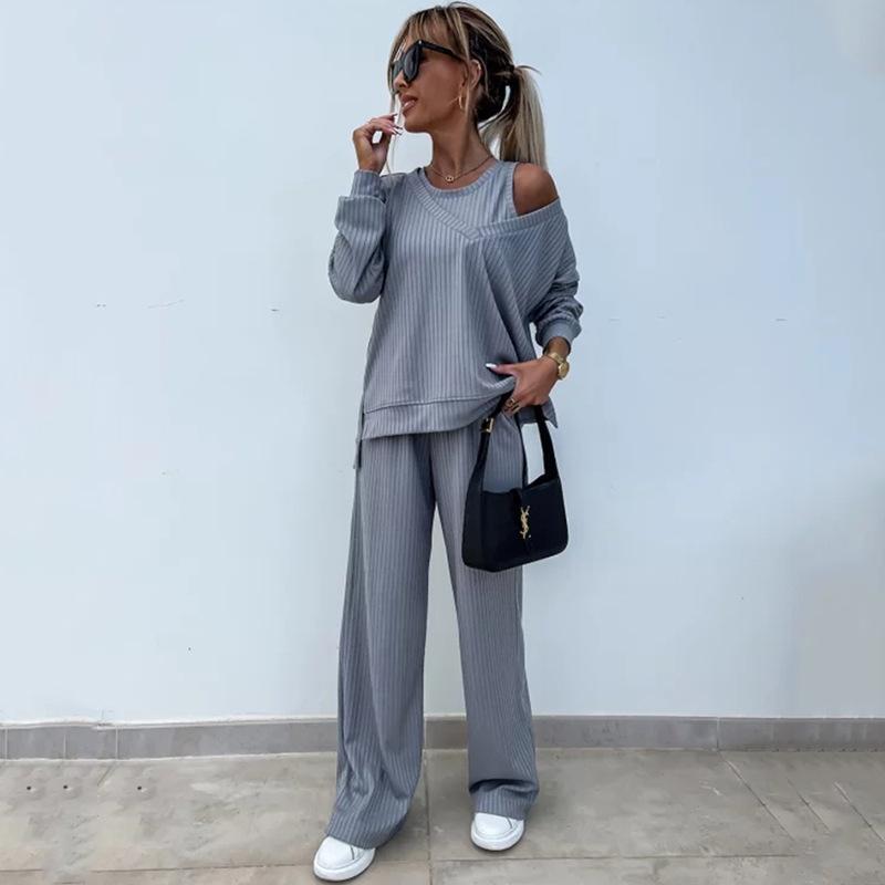 2026 New Women's Solid Color V-Neck Long Sleeve Vest Top with Casual Pants 3-Piece Outfit Set