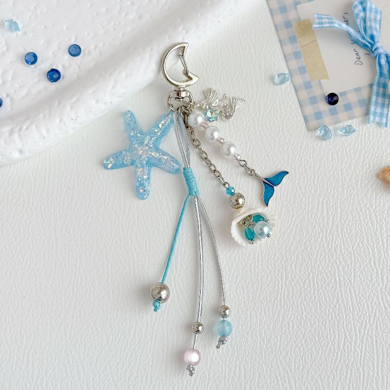 1Pcs Beach Vacation Style Seashell Keychain With Mini House, Starfish, And Ribbon Hanging Accessory, Fresh Summer Bag Charm