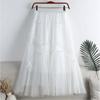 Qooth Sweet Bow Women A Line Tulle Ruffle Skirt Wide Hem Mid Length Elastic Waist Casual Skirt QT2655