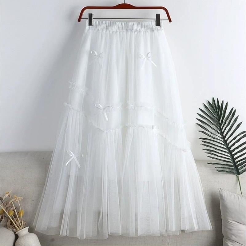 Qooth Sweet Bow Women A Line Tulle Ruffle Skirt Wide Hem Mid Length Elastic Waist Casual Skirt QT2655