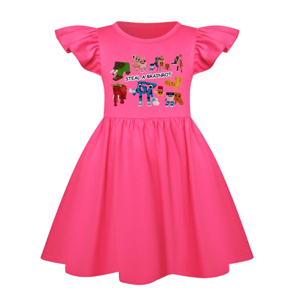 5214 Kids Girls Steal a Brainrot 67 Six Seven Printed Ruffle Short Sleeves Casual Dress