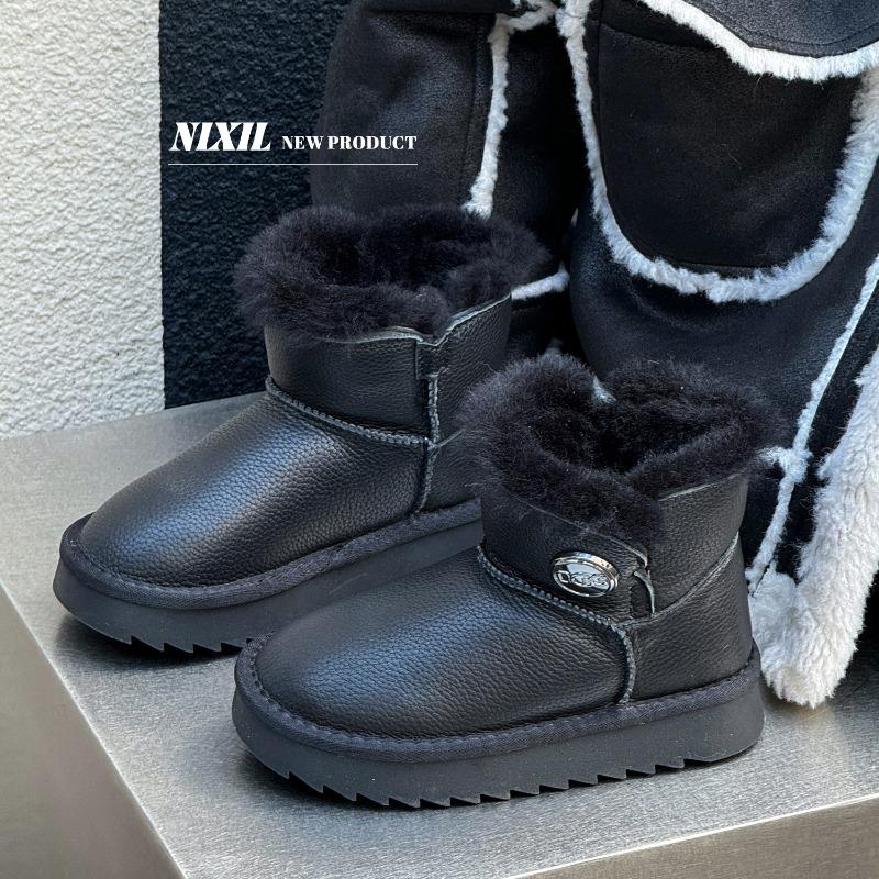 Winter new children's leather snow boots simple and versatile large cotton boots real hairy warm boots for boys and girls