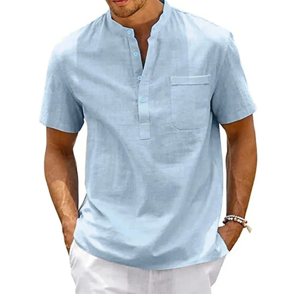 Camisa de Lino Algodón Hombre Cuello Henley Bolsillo Casual Playa Manga Corta Color Sólido Tops Camisetas Vintage Streetwear