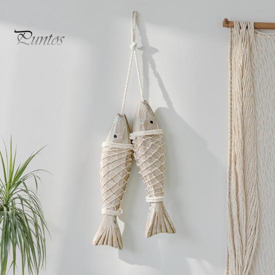 Ocean Inspired Wall Art Rustic Nautical Wooden Fish Decor, Coastal Beach Style Hanging Mediterranean Ornament with Fishing Net for Lake House,