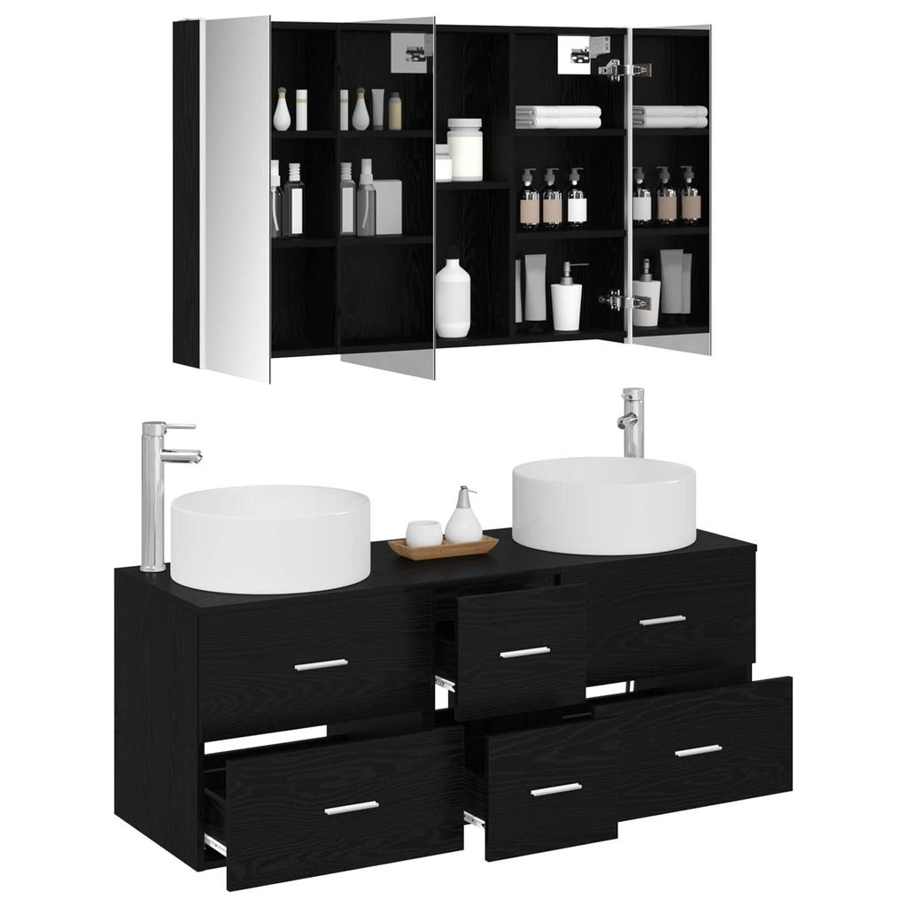 Bathroom Furniture Set 4 Pcs Black Oak Engineered Wood and Glass